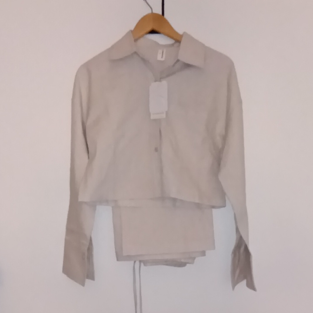 COMMENSE Natural-Tone Button-Up Shirt & straight leg Pants